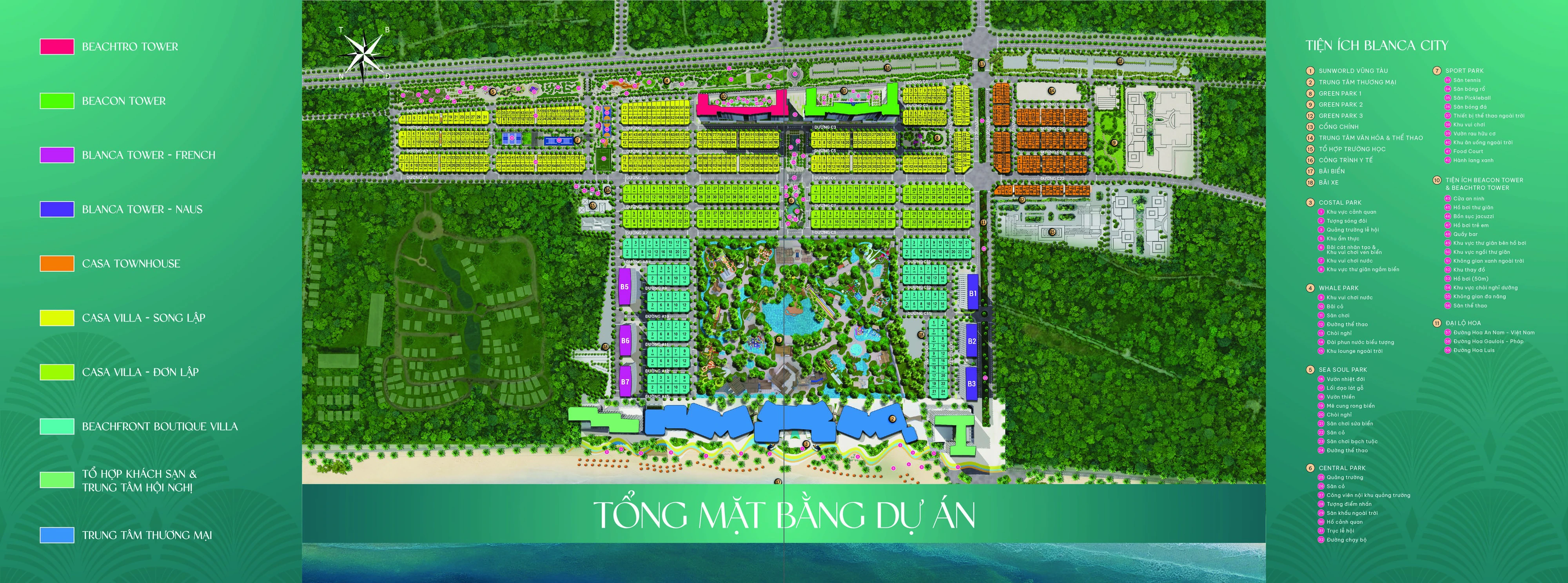 Tổng mặt bằng dự án và chú giải các phân khu theo brochure trang 12