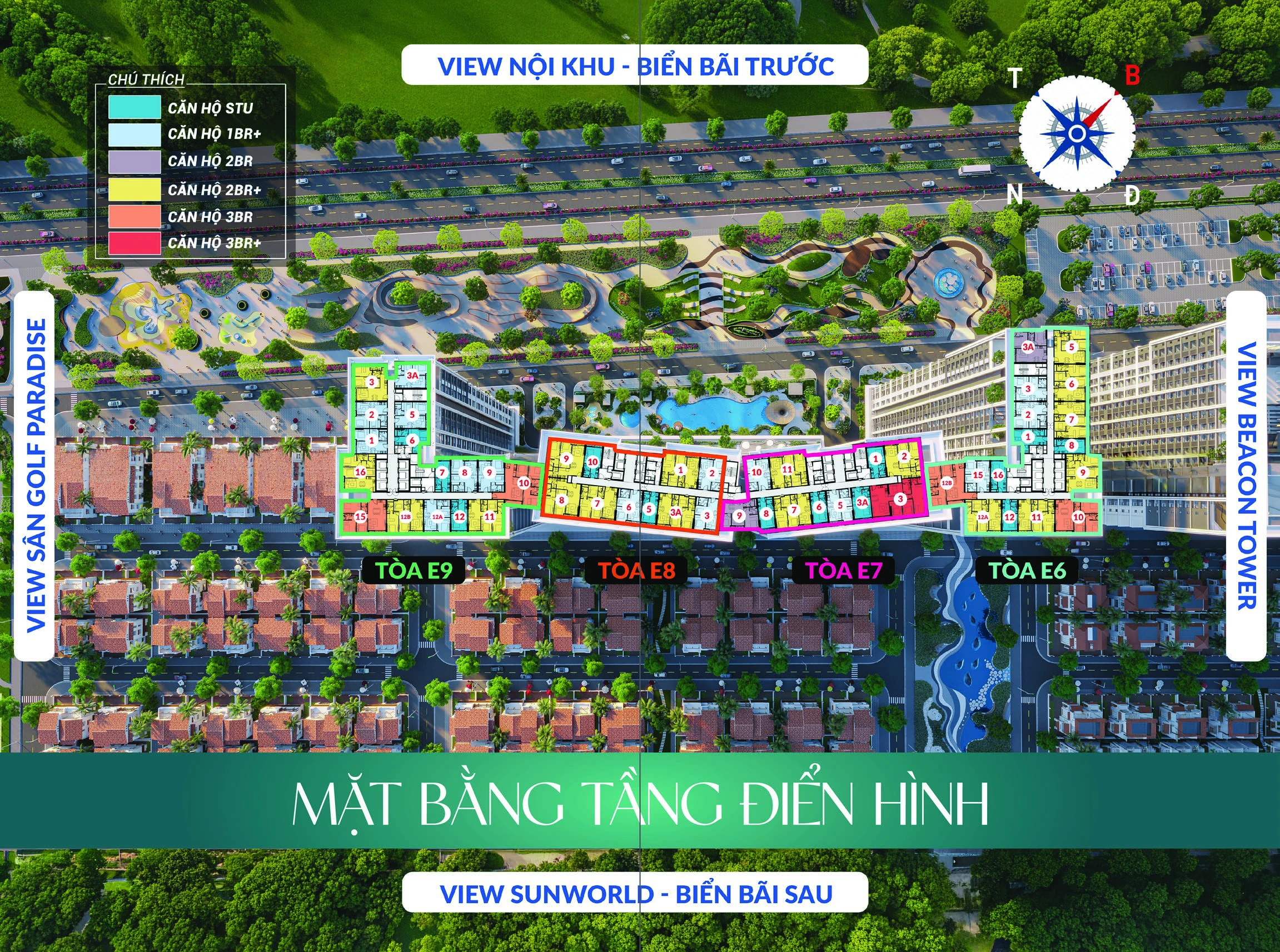 Mặt bằng tầng điển hình BeachTro với các tòa E9, E8, E7, E6; hướng view và loại căn · Brochure trang 14