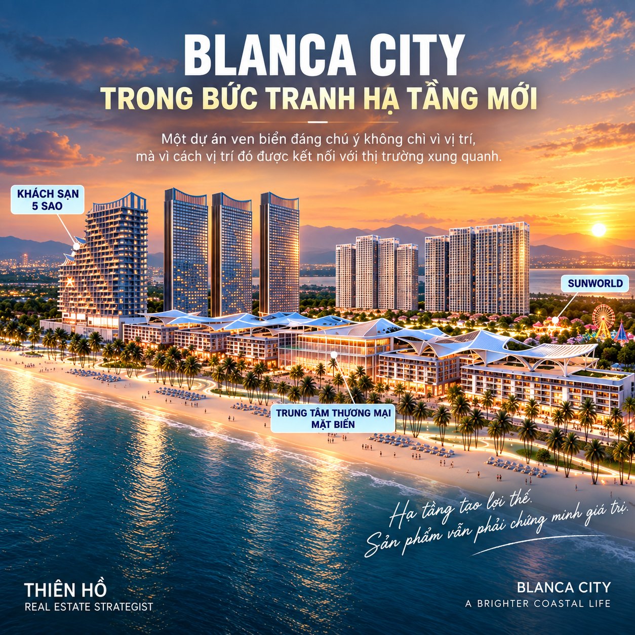 Phối cảnh Blanca City mặt biển lúc hoàng hôn trong bức tranh hạ tầng mới của Vũng Tàu