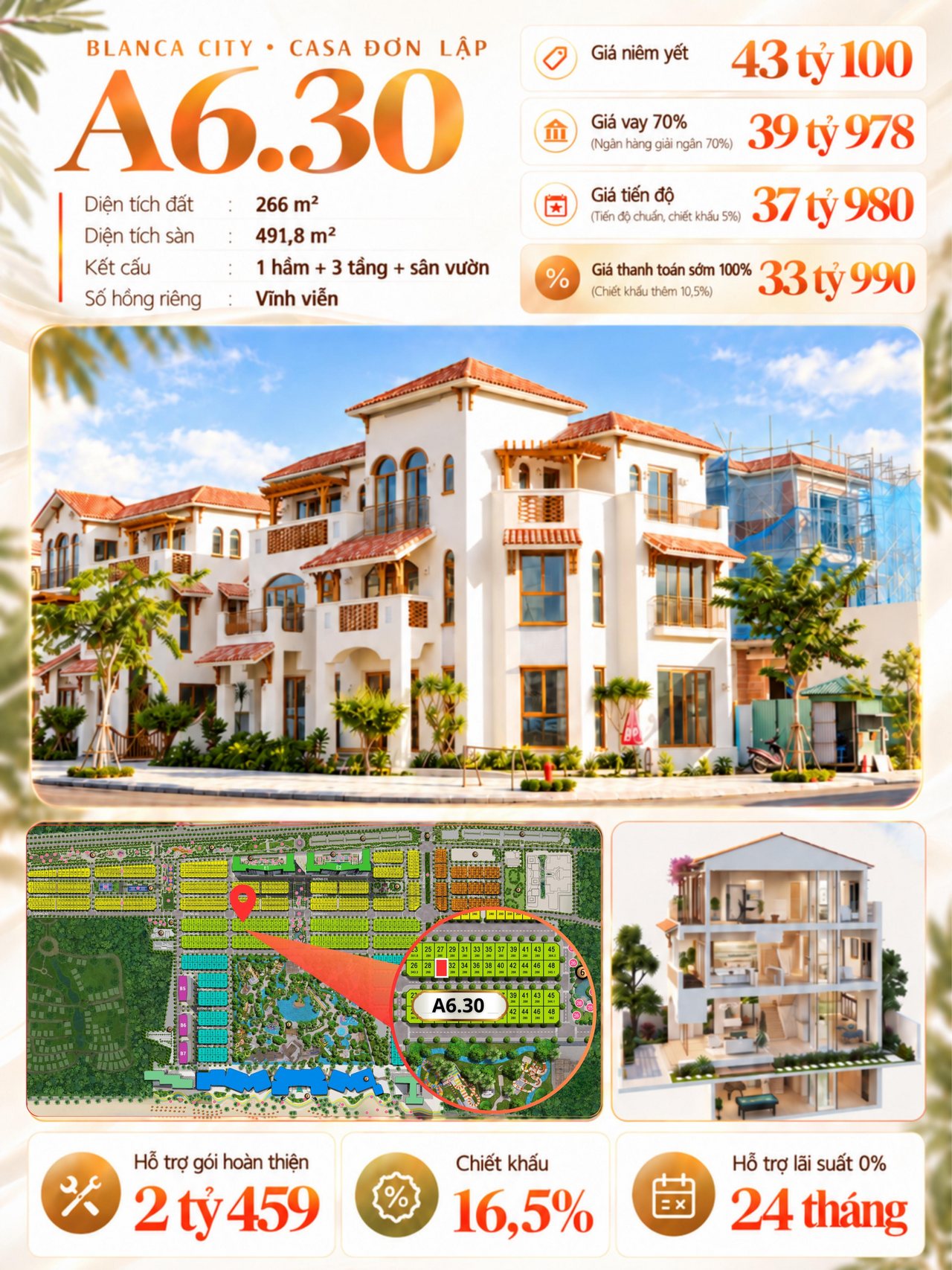 Poster biệt thự đơn lập Casa A6.30 — đất 266 m², sàn 491,8 m², giá niêm yết 43 tỷ 100, thanh toán sớm 33 tỷ 990