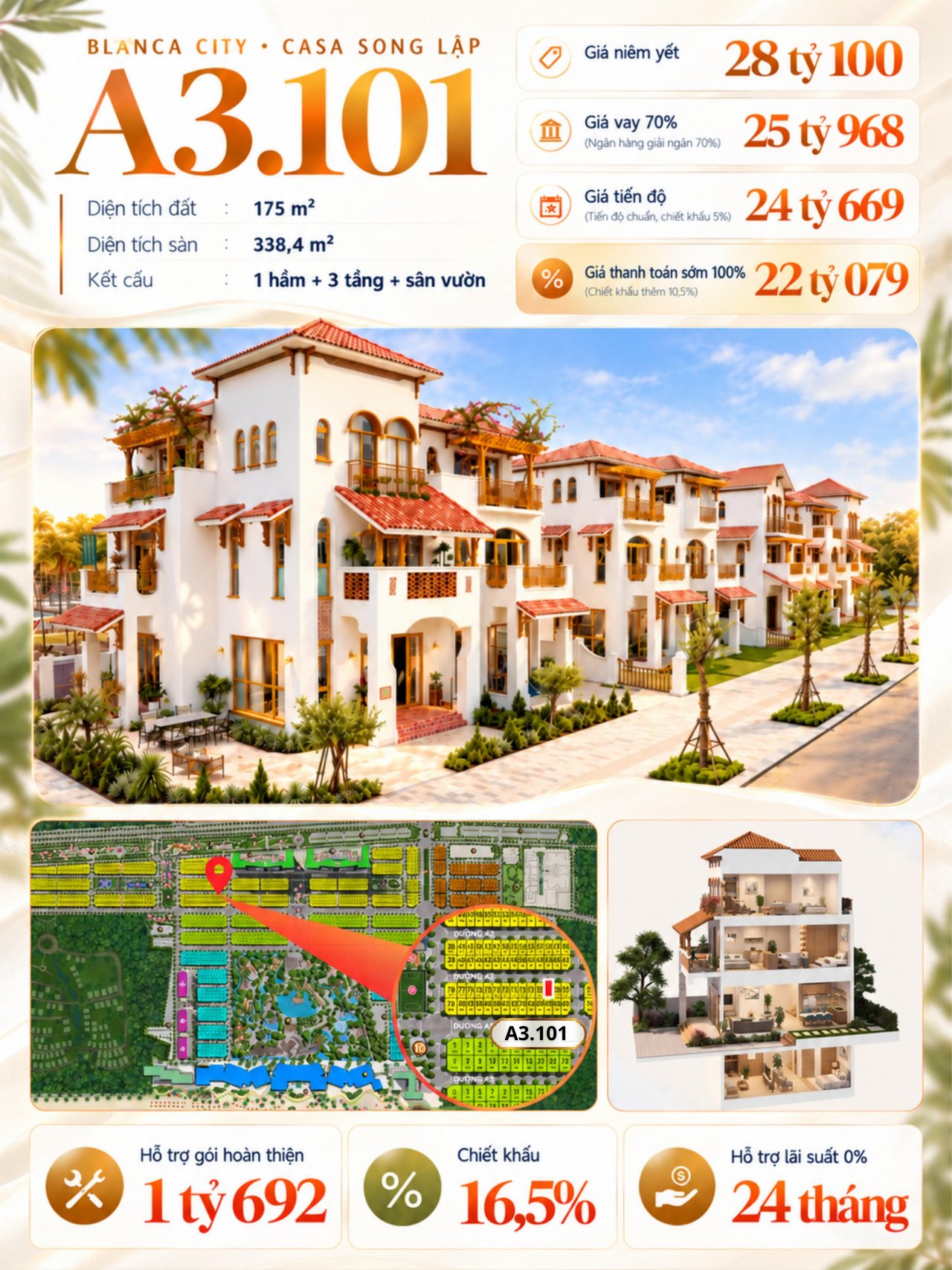 Poster biệt thự song lập Casa A3.101 — đất 175 m², sàn 338,4 m², giá niêm yết 28 tỷ 100, thanh toán sớm 22 tỷ 079