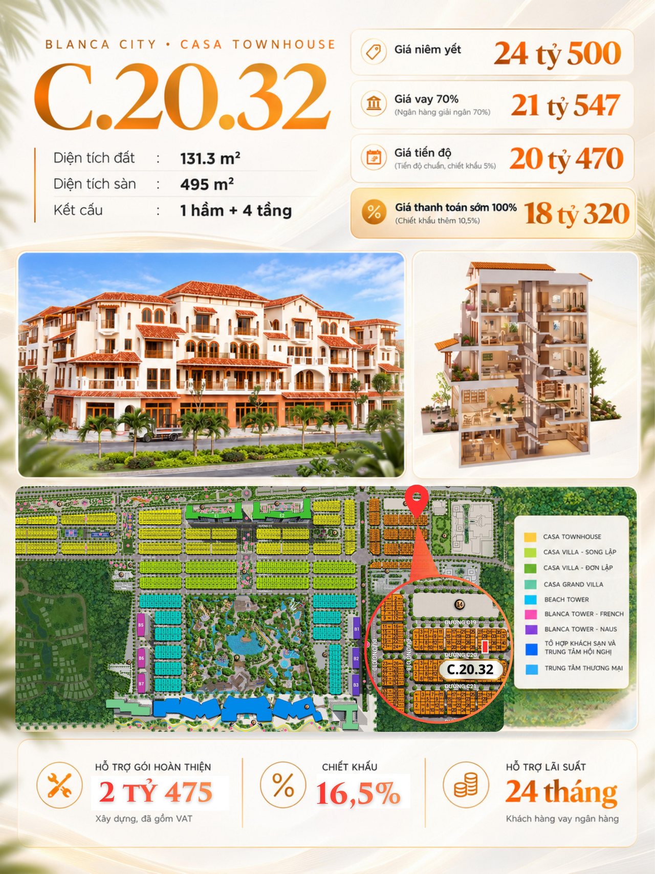 Poster nhà phố Casa Townhouse C20.32 — đất 131,3 m², sàn 495 m², giá niêm yết 24 tỷ 500, thanh toán sớm 18 tỷ 320