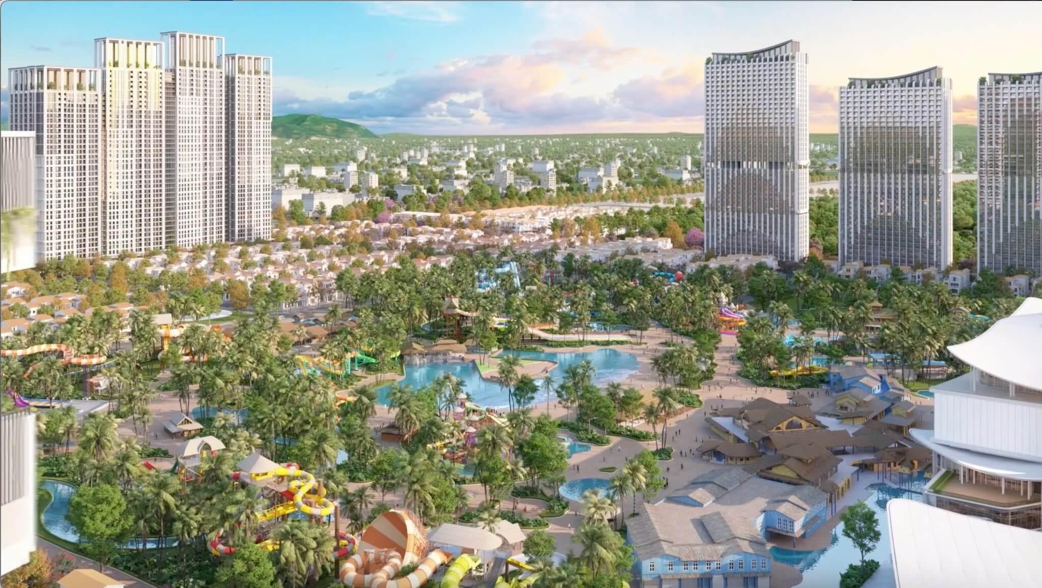 Phối cảnh toàn cảnh công viên nước Sun World nhìn từ trên cao giữa hai cụm tháp Blanca City