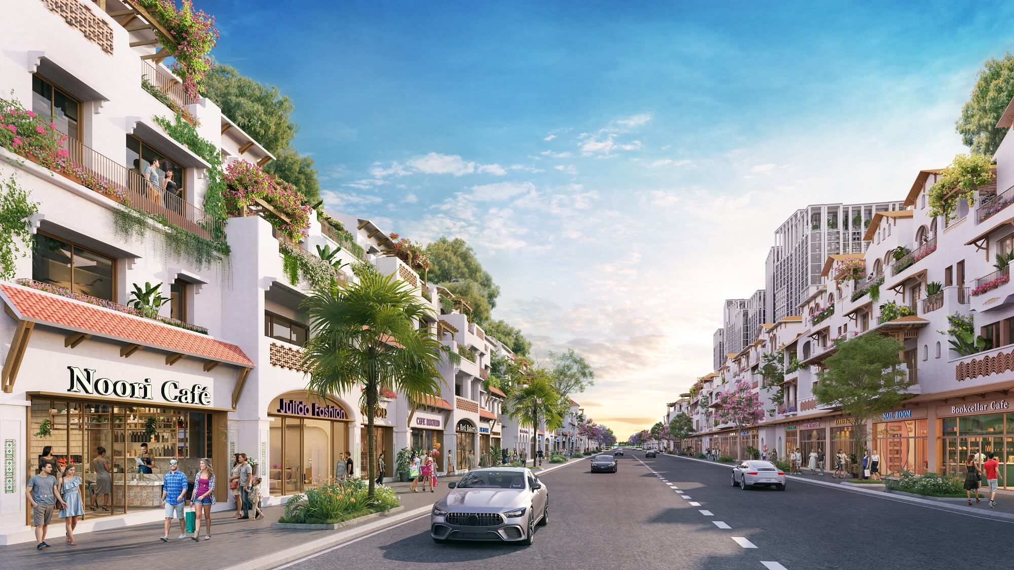 Phối cảnh dãy shophouse Casa hai bên trục phố thương mại rợp hoa giấy