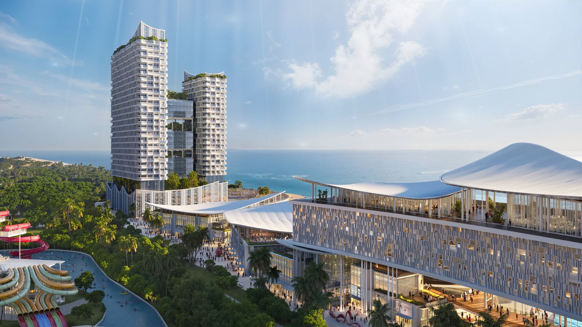 Phối cảnh tổ hợp khách sạn và trung tâm thương mại Blanca City nhìn ra biển, công viên nước Sun World phía trước