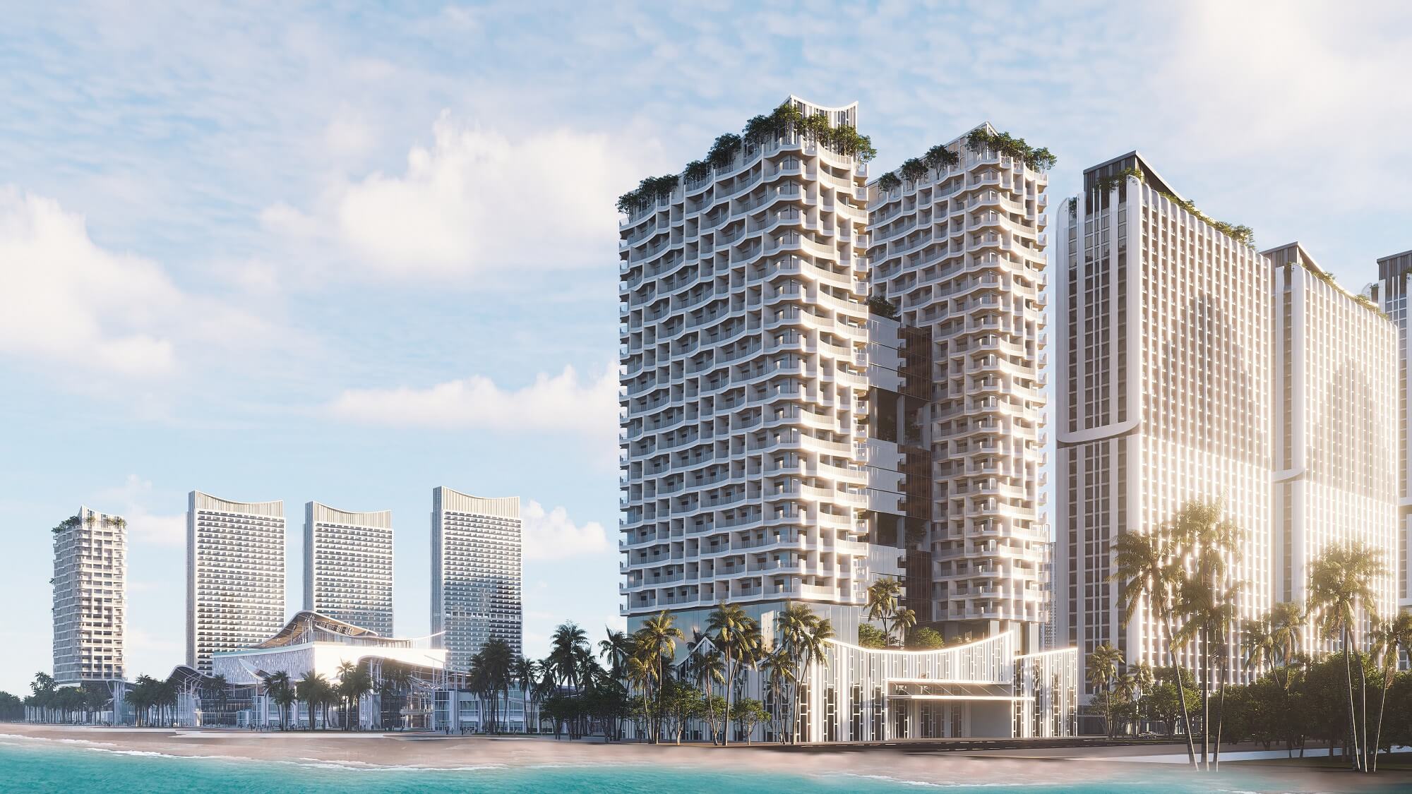 Phối cảnh tháp khách sạn Blanca City mặt tiền bãi biển Bãi Sau nhìn từ phía biển