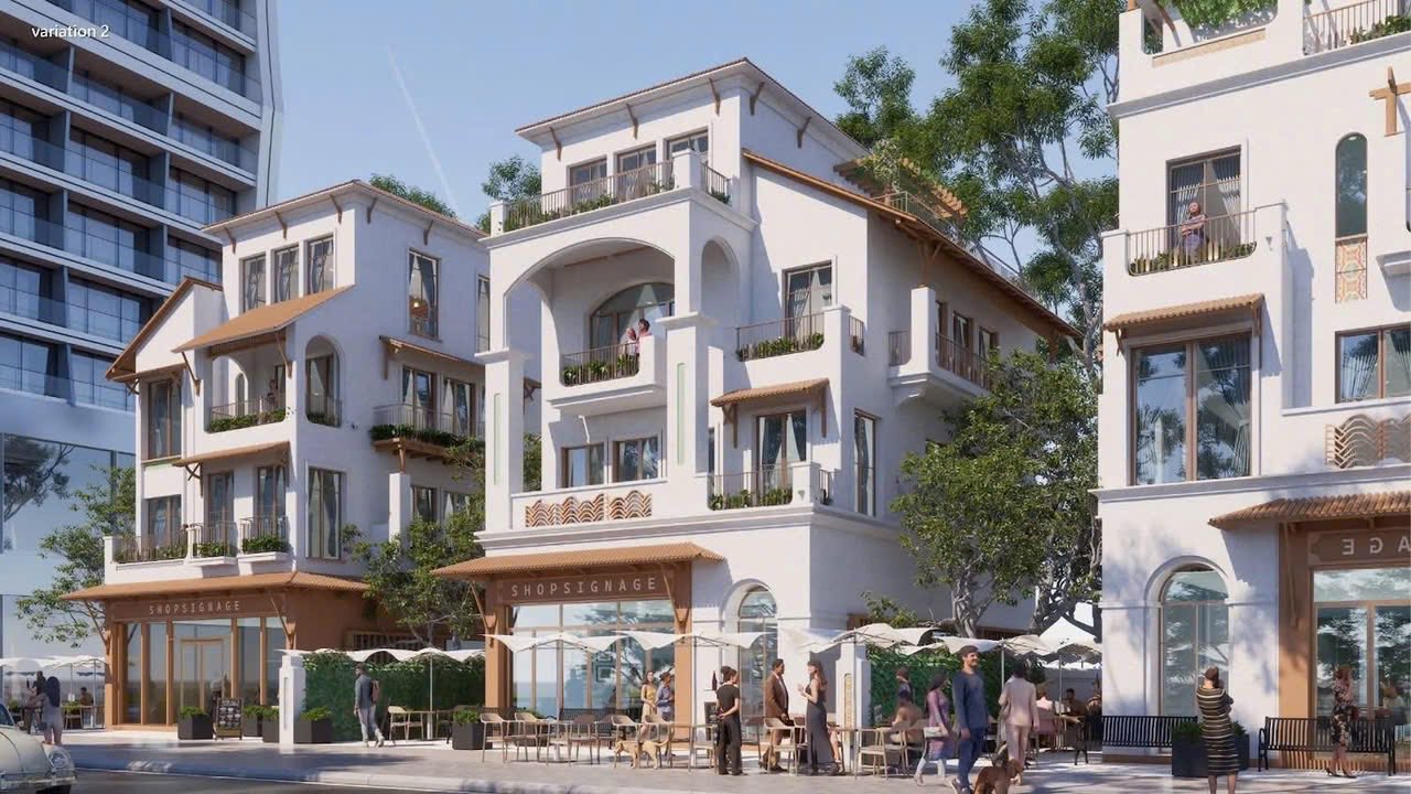 Phối cảnh góc phố thấp tầng Casa với kiến trúc Iberia trắng và mặt tiền thương mại