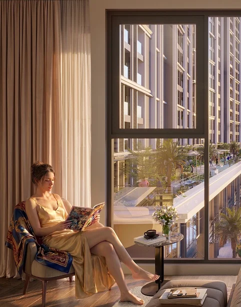 Phối cảnh phòng ngủ nhìn ra bể bơi
