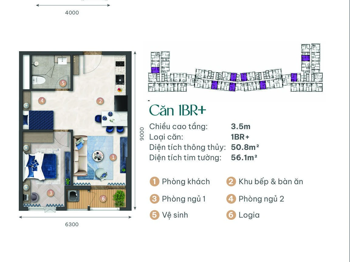 Mặt bằng điển hình Căn 1 phòng ngủ cộng