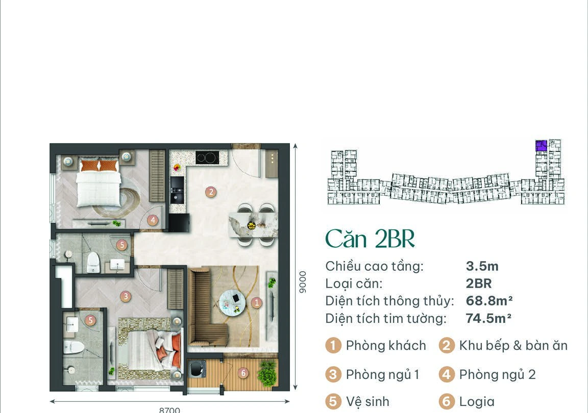 Mặt bằng điển hình Căn 2 phòng ngủ