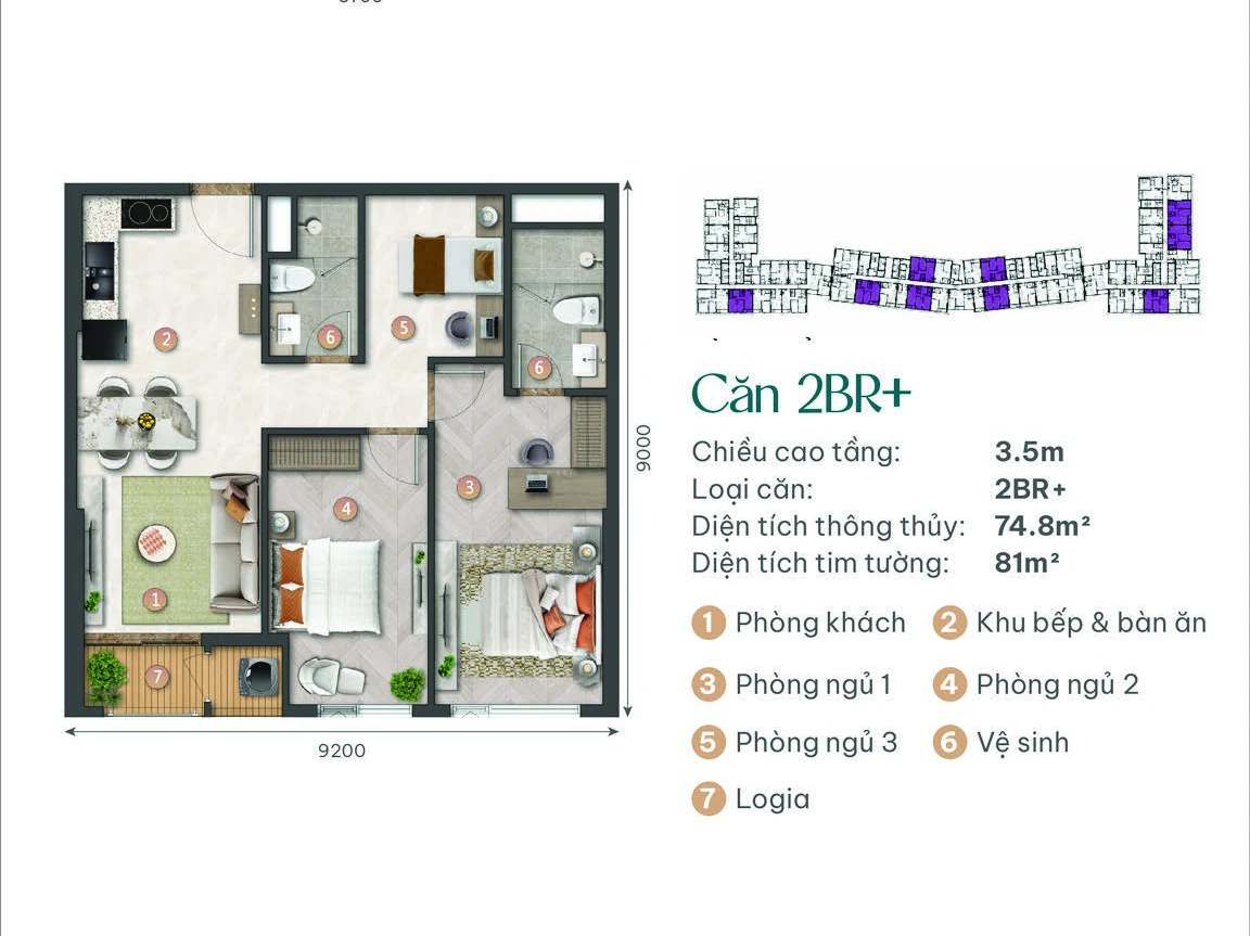 Mặt bằng điển hình Căn 2 phòng ngủ cộng