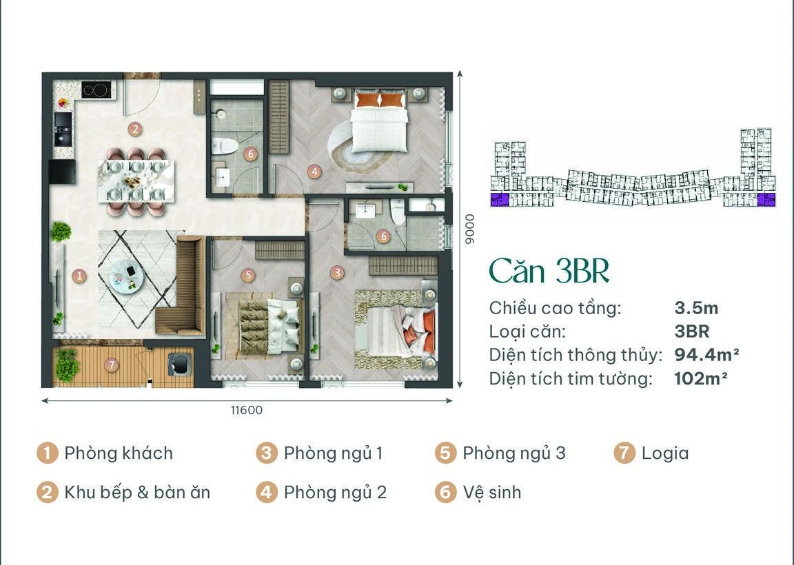 Mặt bằng điển hình Căn 3 phòng ngủ · A