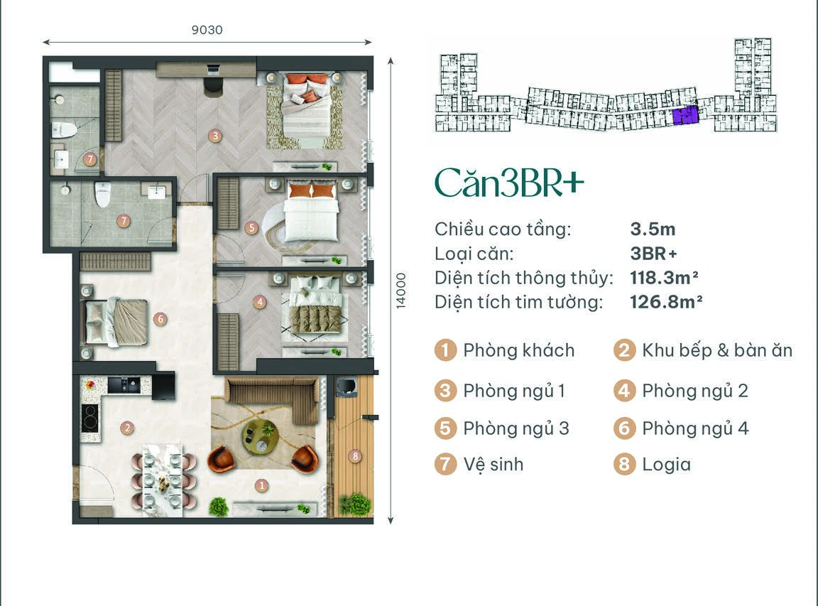Mặt bằng điển hình Căn 3 phòng ngủ cộng