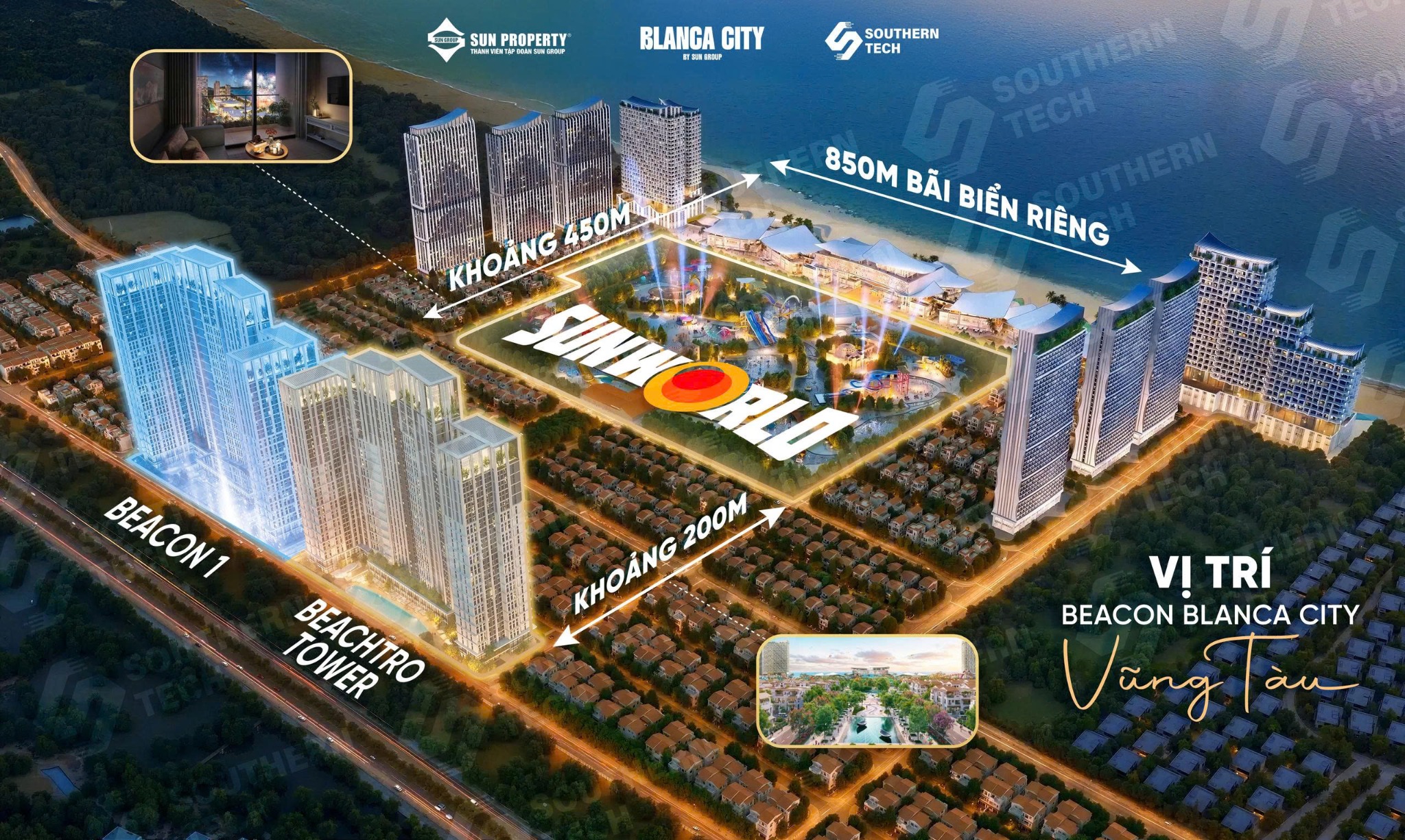 Sơ đồ vị trí Beacon và Beachtro trong toàn khu Blanca City