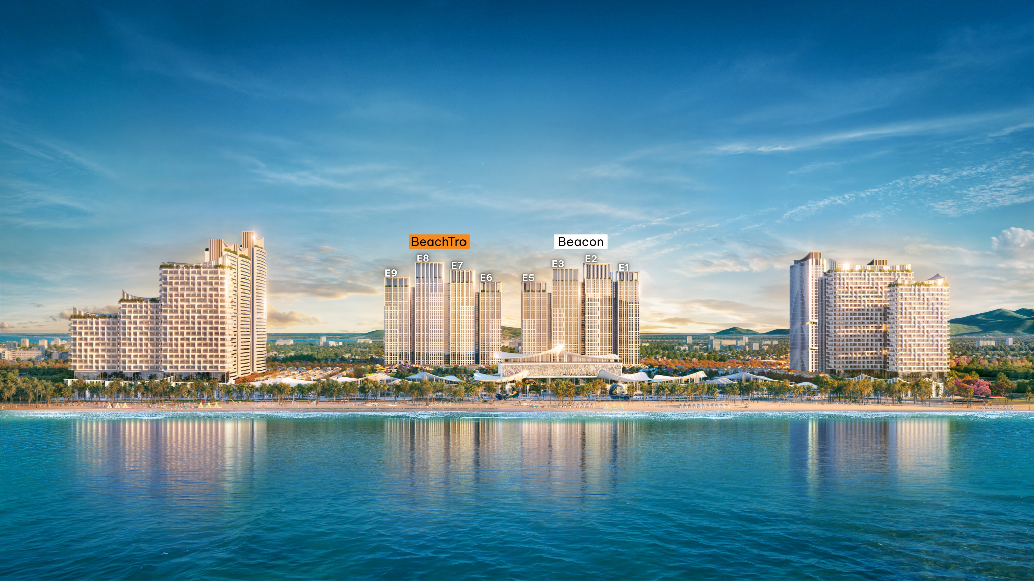 Phối cảnh mặt tiền biển toàn khu Blanca City với Beacon và BeachTro